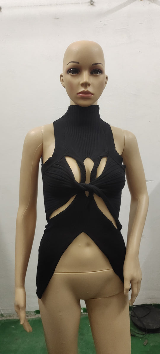 Damen figurbetontes Cut-Out Top mit hohem Kragen R&B