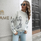 Damen Strickpullover mit verspieltem Katzenmotiv und lässigem Schnitt R&B