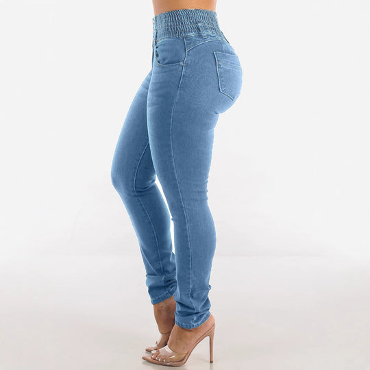 Damen Slim Fit Jeanshose mit elastischem Bund und Knopfverschluss R&B