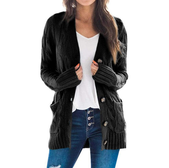 Damen Strickjacke mit Kabelmustern und großen Knöpfen R&B