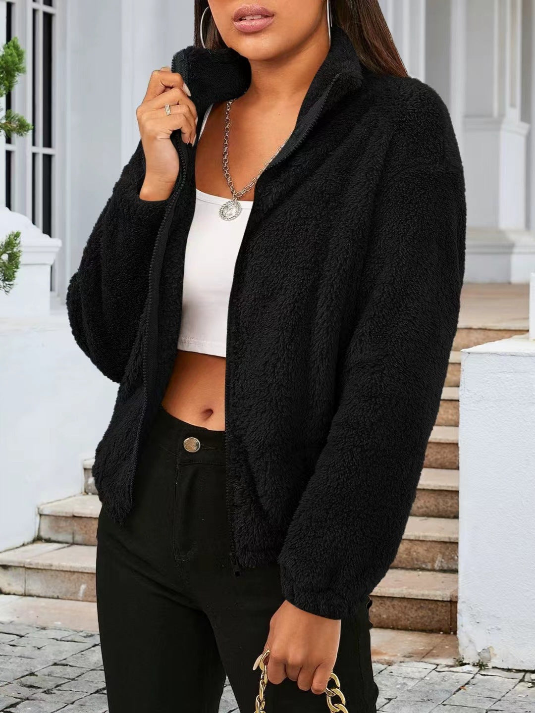 Damen Kuschelige Fleecejacke mit hohem Kragen und seitlichen Taschen R&B