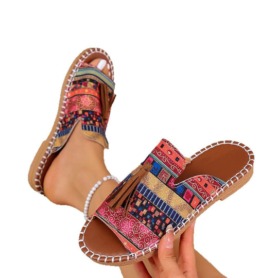 Damen bequeme Tangle-Sandalen mit buntem Stickdesign und Quasten R&B