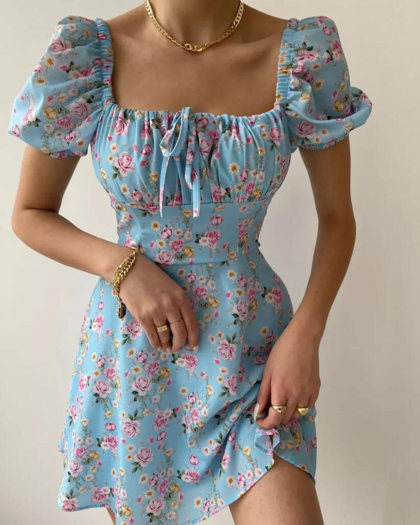 Damen Minikleid mit voluminösen Puffärmeln und floralem Muster R&B