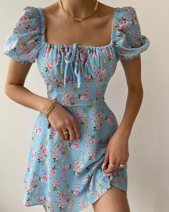 Damen Minikleid mit voluminösen Puffärmeln und floralem Muster R&B