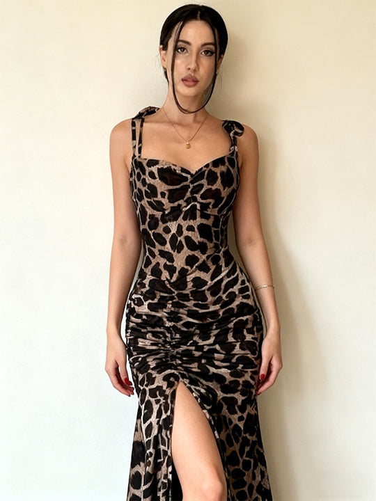 Damen Elegantes Maxikleid mit Leopardenmuster und seitlichem Schlitz R&B