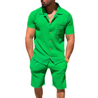 Herren nan lässiges zweiteiliges Freizeitset aus geripptem Jersey mit Hemdkragen Knopfleiste und Shorts R&B