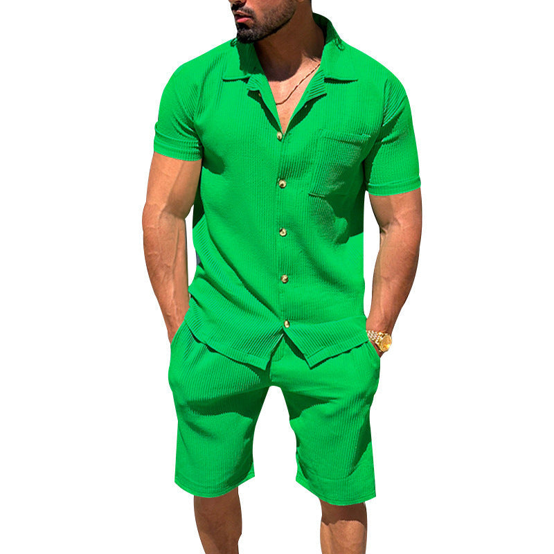 Herren nan lässiges zweiteiliges Freizeitset aus geripptem Jersey mit Hemdkragen Knopfleiste und Shorts R&B