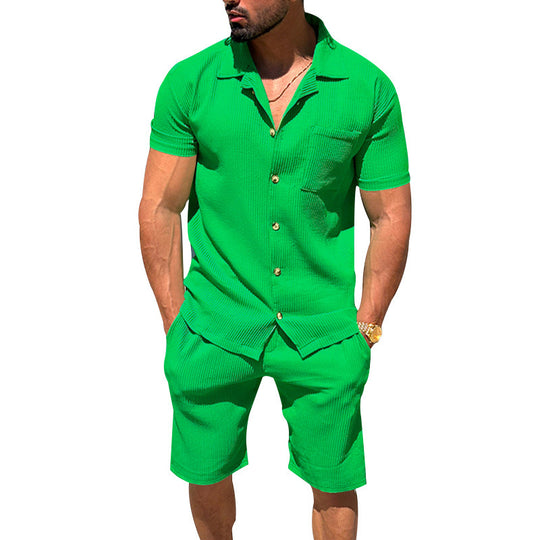 Herren nan lässiges zweiteiliges Freizeitset aus geripptem Jersey mit Hemdkragen Knopfleiste und Shorts R&B