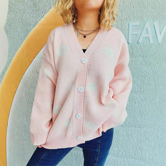 Damen lässige Strickjacke mit modernen Punkten und voluminösen Ärmeln R&B