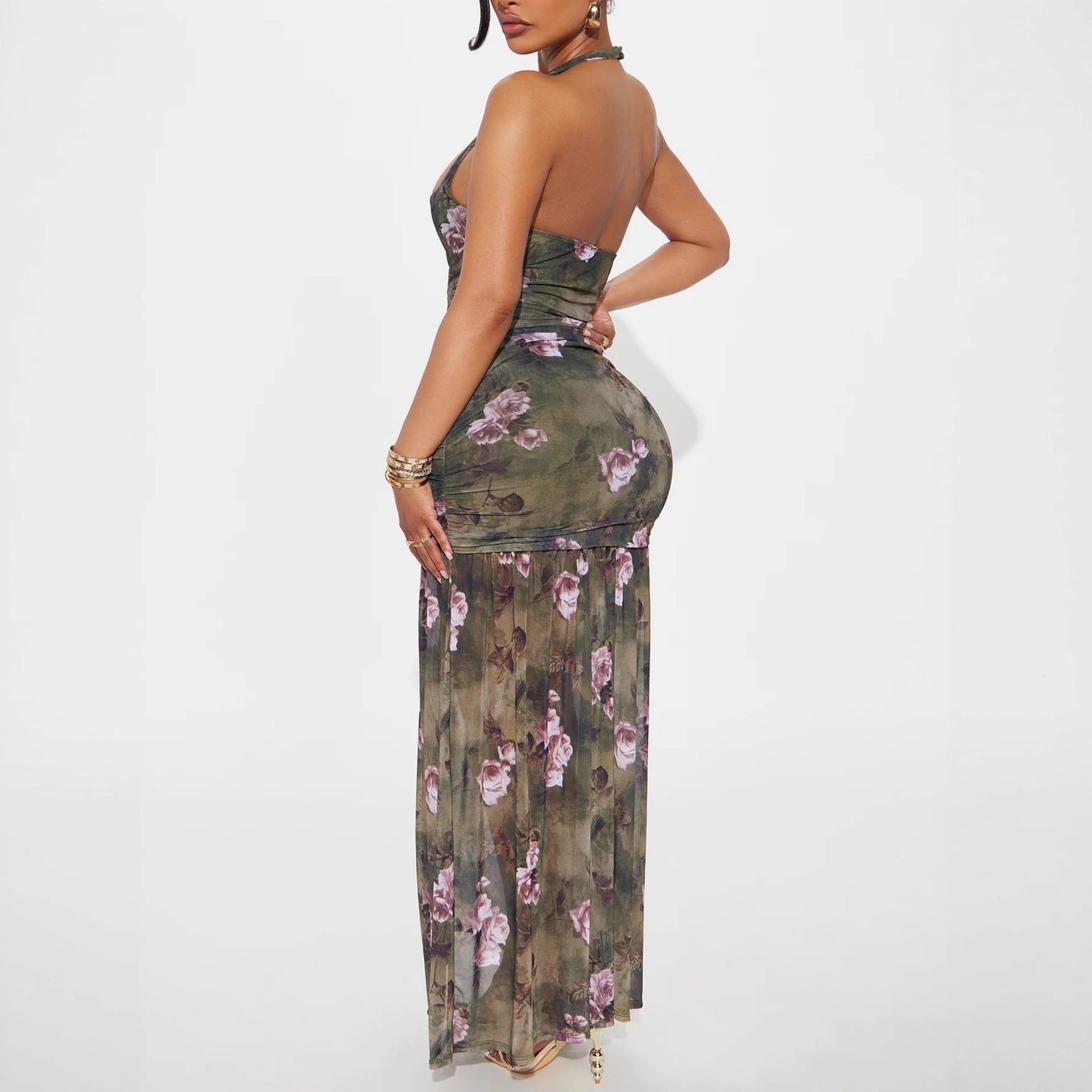 Damen Schulterfreies Maxikleid mit elastischen Rüschendetails R&B