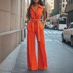 Damen Eleganter Jumpsuit mit schickem Kragen und Taillengürtel R&B