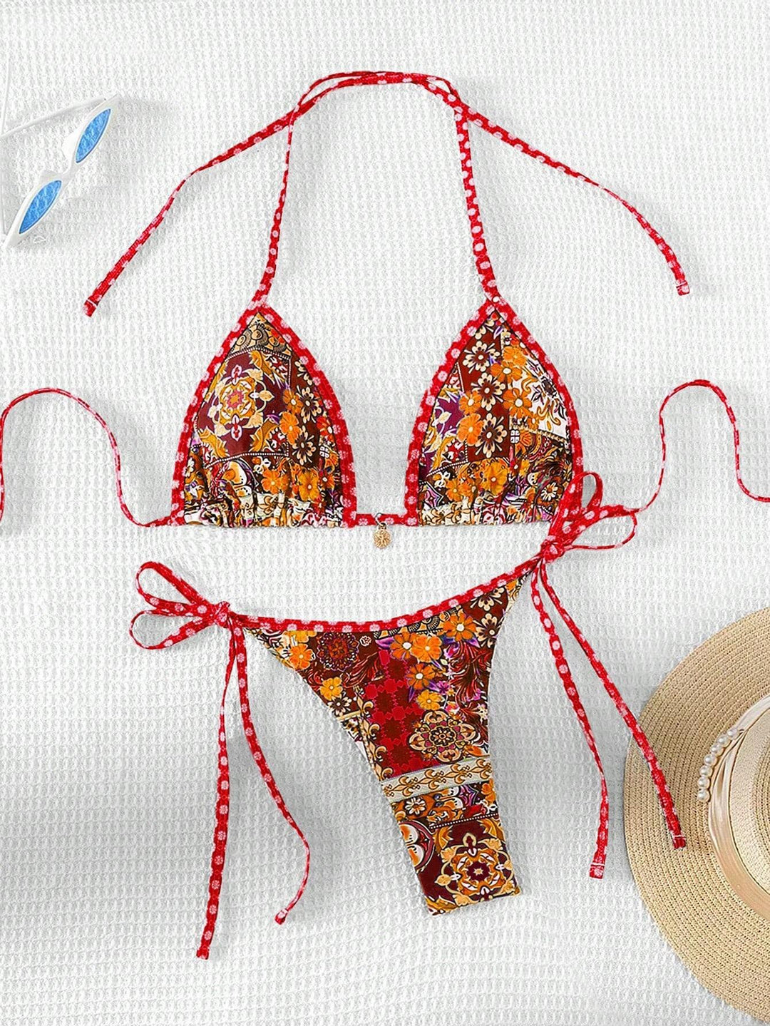 Damen Triangel-Bikini mit buntem floralen Mustermix und verstellbaren Trägern R&B