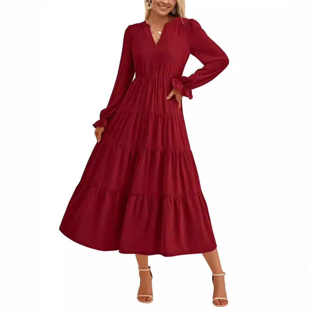 Damen Maxikleid mit romantischen Rüschendetails und elegantem V-Ausschnitt R&B