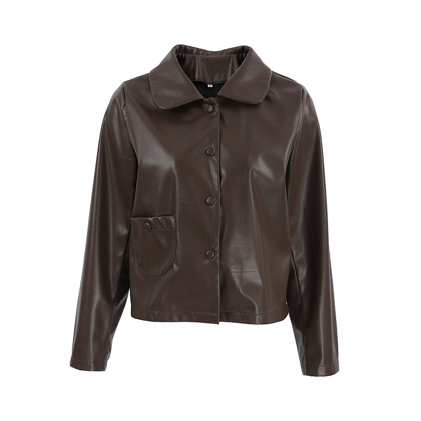 Damen Modische Kunstlederjacke mit praktischen Taschen und elegantem Kragen R&B