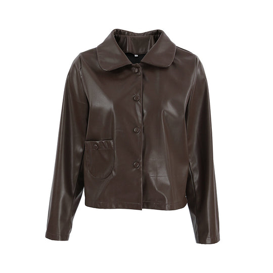 Damen Modische Kunstlederjacke mit praktischen Taschen und elegantem Kragen R&B