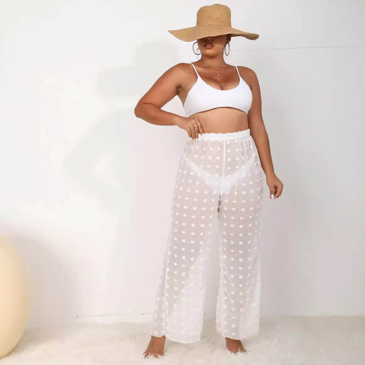 Damen luftige Strandhose mit voluminösen Pompom-Applikationen R&B