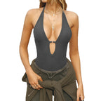 Damen Eleganter hochgeschlossen Badanzug mit tiefem V-Ausschnitt und Cross-Back Design R&B