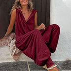 Damen Lässiger Jumpsuit mit Kapuze und Knopfdetails R&B
