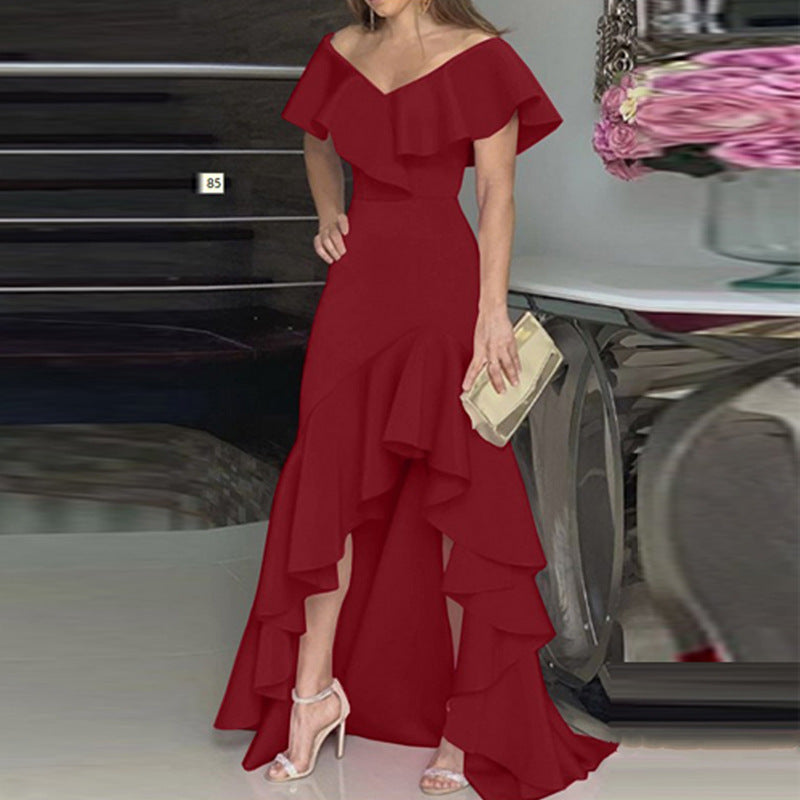 Damen Maxikleid mit voluminösen Rüschen und schulterfreiem Design R&B