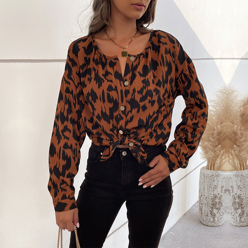 Damen Leopardenmuster Hemdbluse R&B