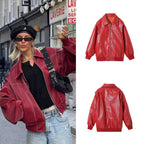 Damen Elegante Kunstlederjacke mit hochstehendem Kragen und elastischen Bündchen