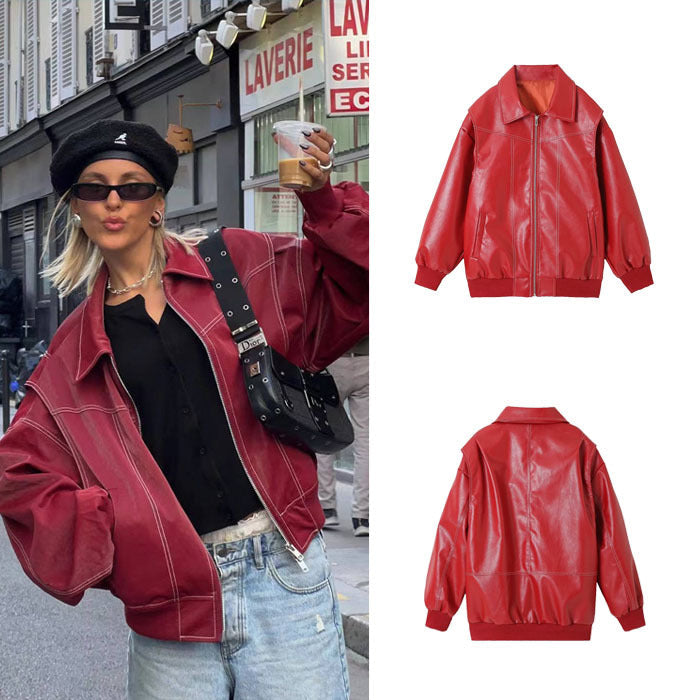 Damen Elegante Kunstlederjacke mit hochstehendem Kragen und elastischen Bündchen