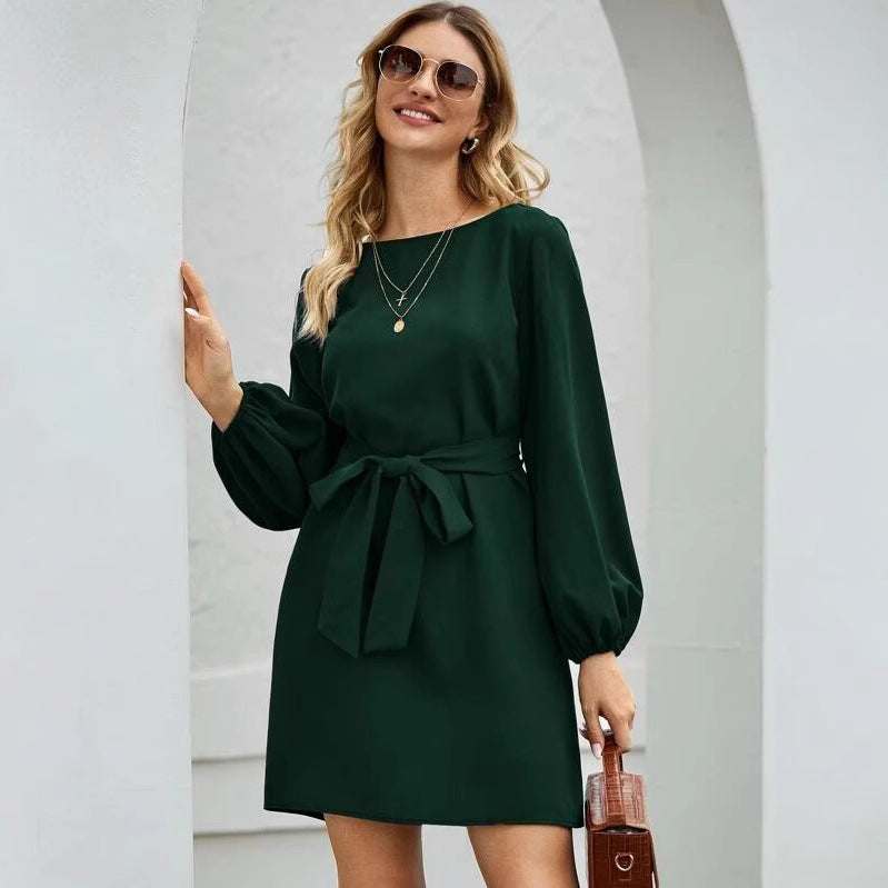 Damen nan elegantes Etuikleid mit Ballonärmeln und Taillengürtel R&B