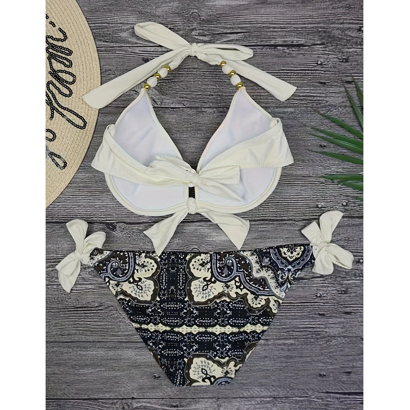 Damen Triangel-Bikini mit aufwendig verzierten Trägern und harmonischem Muster R&B