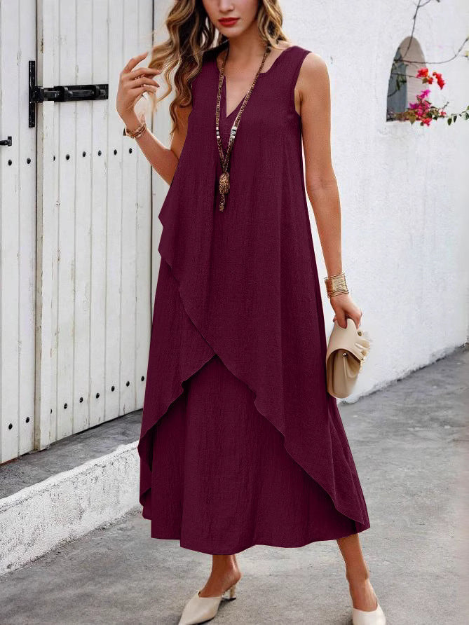 Damen Lässiges Maxikleid mit überlappendem Volant und modernem V-Ausschnitt R&B
