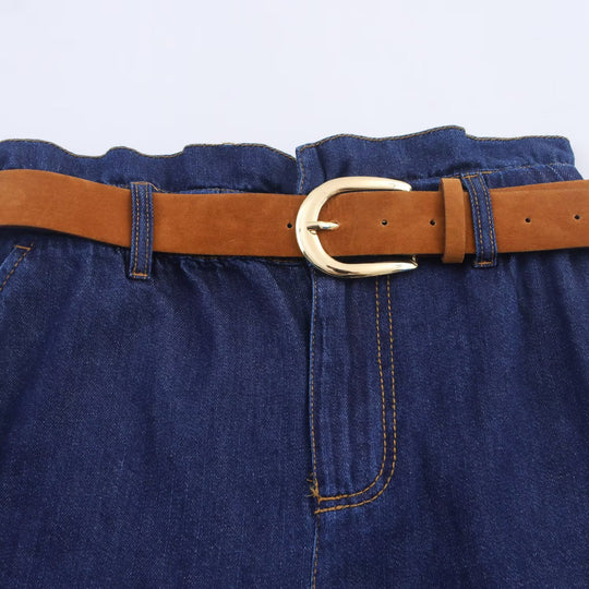 Damen Denim-Shorts mit hochwertigem Ledergürtel und elastischem Bund R&B