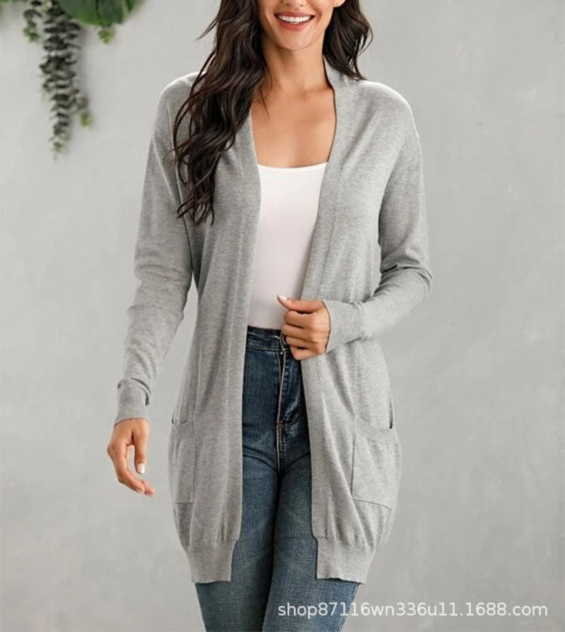 Damen Lange Strickjacke mit offenen Front und praktischen Taschen R&B