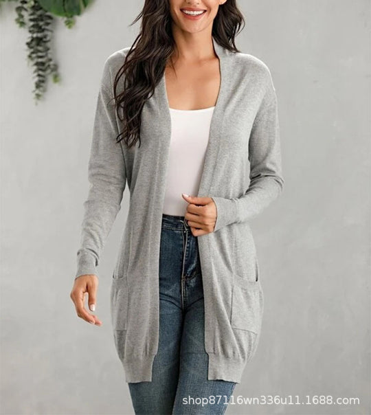 Damen Lange Strickjacke mit offenen Front und praktischen Taschen R&B
