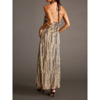 Damen Elegantes Maxikleid mit schimmerndem Streifenmuster und RückenbindR&Band R&B