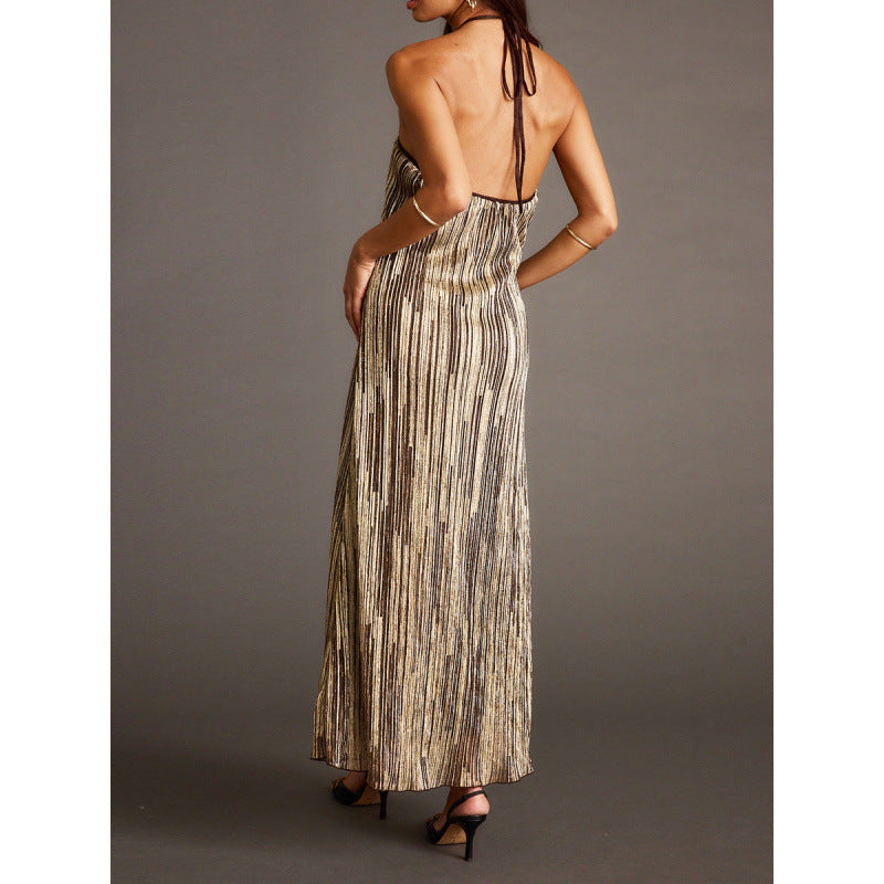 Damen Elegantes Maxikleid mit schimmerndem Streifenmuster und RückenbindR&Band R&B