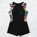 Damen Sportlicher Kurzarm-Badeanzug mit floralem Design
