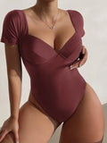 Damen Einteiler Badeanzug mit eleganten Trägern und sculpturalem V-Ausschnitt R&B