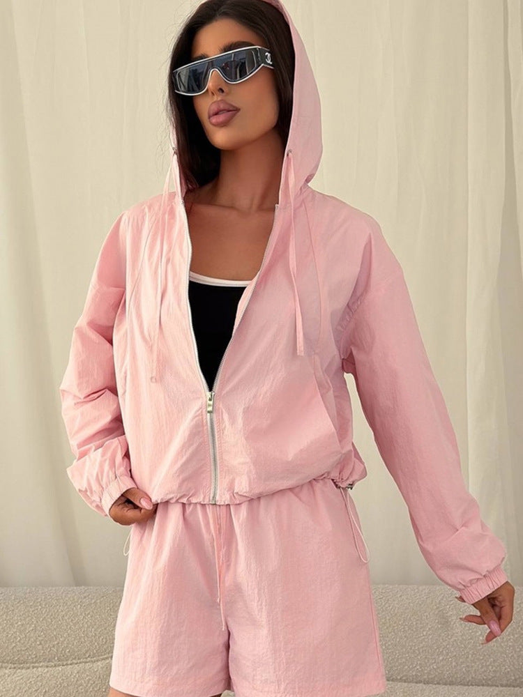 Damen lässiges Windbreaker-Set mit kurzen Hosen und Kapuze R&B