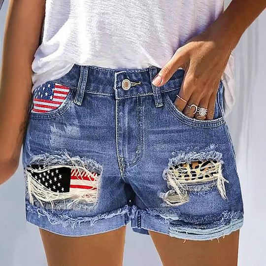 Damen Jeansshorts mit modischem USA-Print und Destroyed-Detail R&B