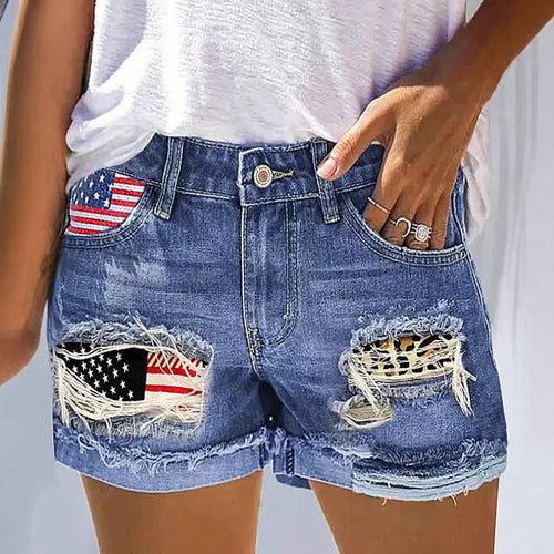 Damen Jeansshorts mit modischem USA-Print und Destroyed-Detail R&B