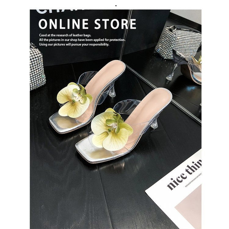 Damen transparente Mules mit eleganter Blütenverzierung und hohem Absatz R&B