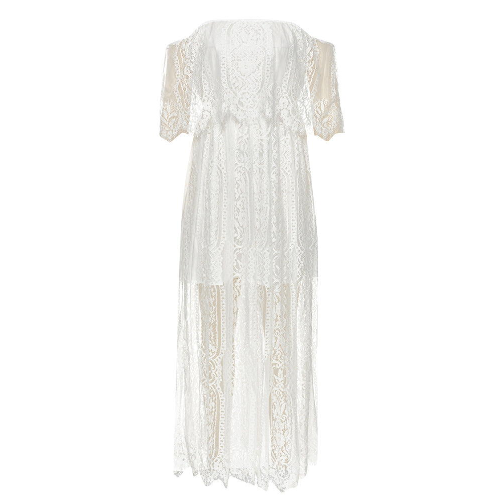 Damen Maxikleid mit eleganter Spitze und schulterfreiem Design R&B