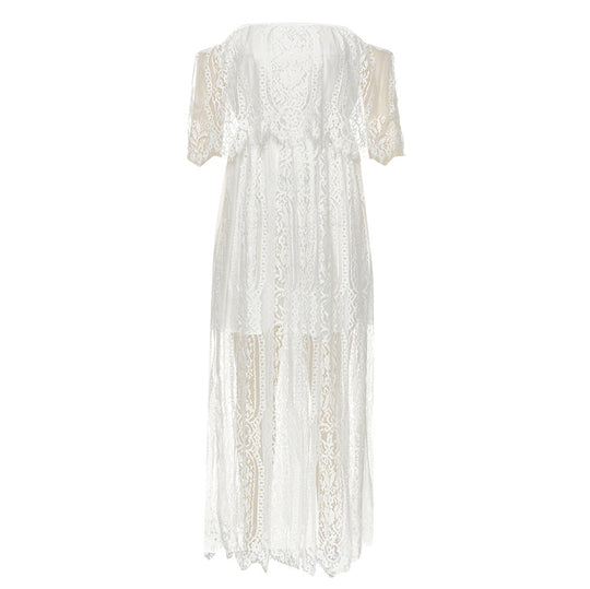 Damen Maxikleid mit eleganter Spitze und schulterfreiem Design R&B