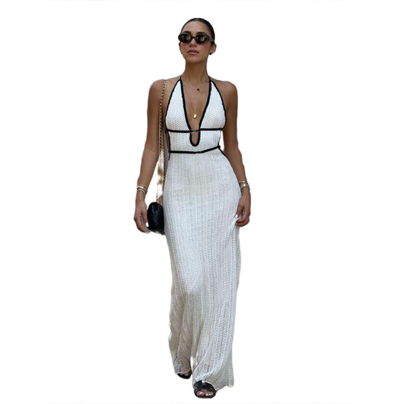 Damen Strick Maxikleid mit tiefem V-Ausschnitt und BindR&Bändern R&B