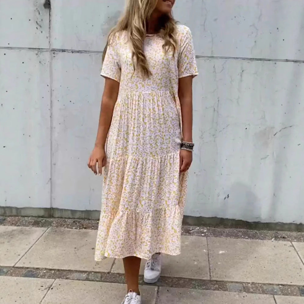 Damen nan luftiges Stufenmaxikleid im Boho-Babydoll-Stil mit geraffter Unterbrust und kurzen Ärmeln R&B