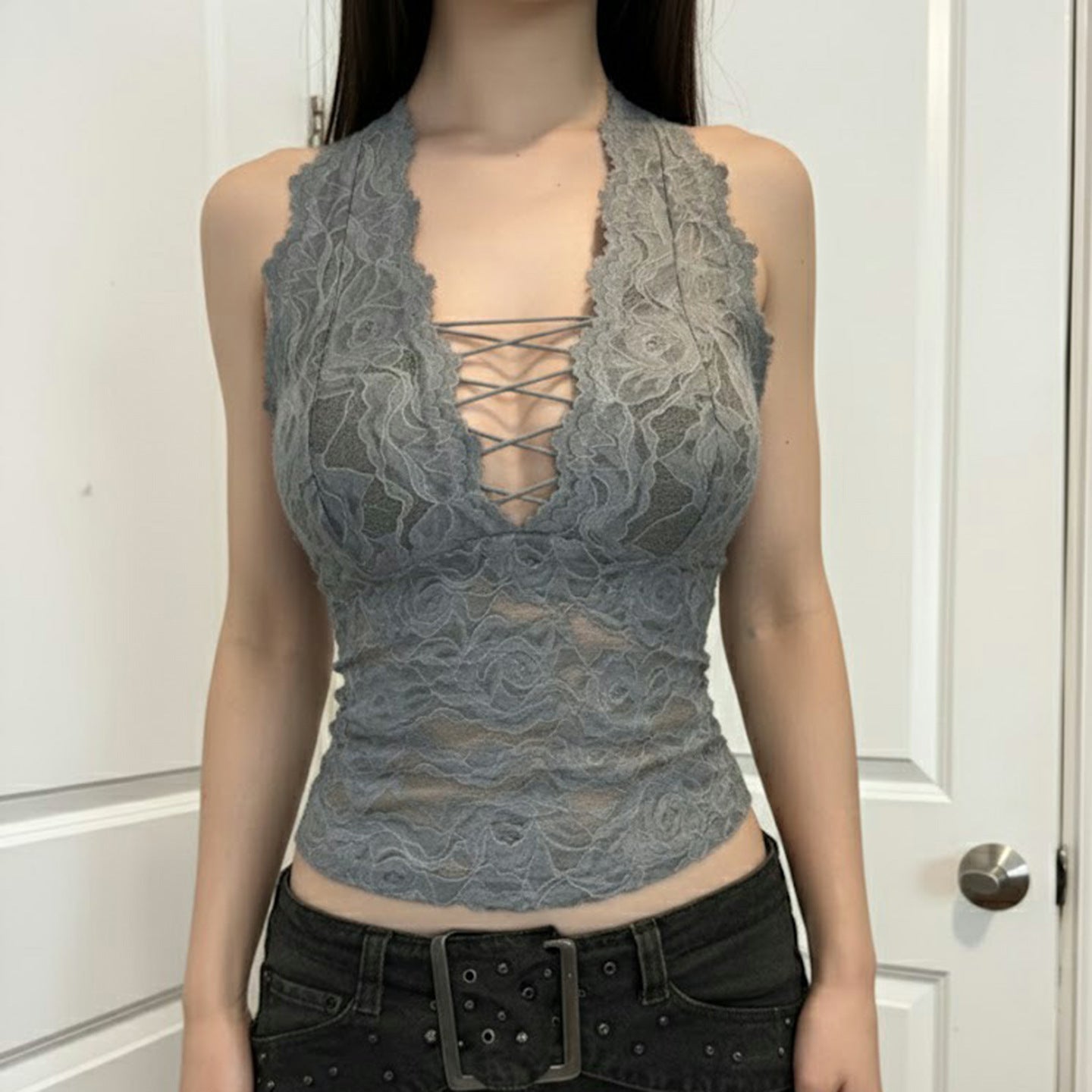 Damen Elegantes Spitzen-Haltertop mit tiefem V-Ausschnitt R&B