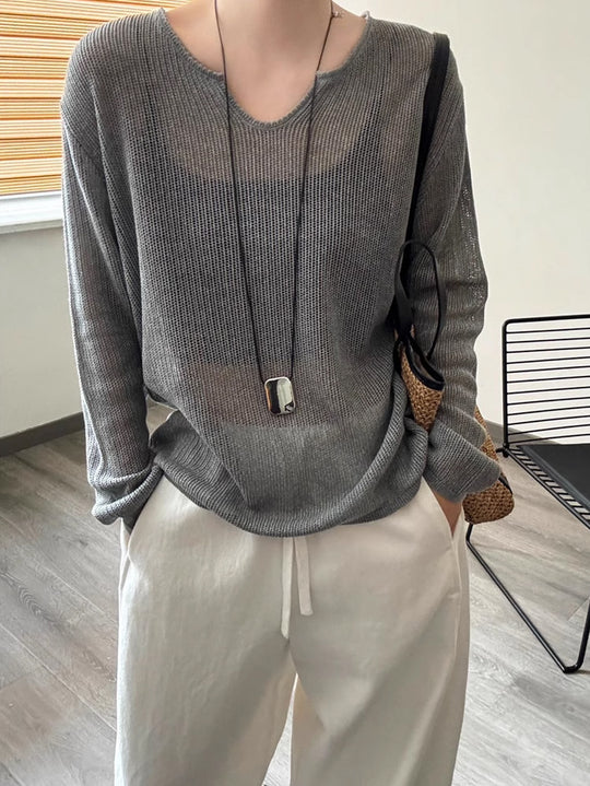 Damen luftiger Strickpullover mit V-Ausschnitt und lässigem Schnitt R&B