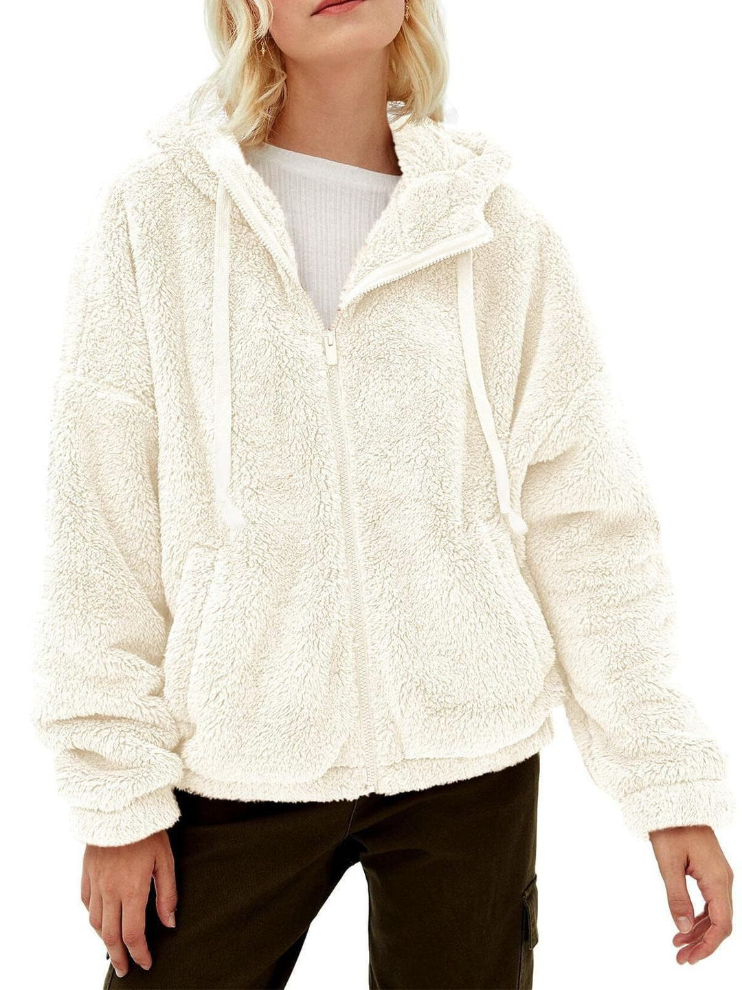 Damen Flauschige Plüschjacke mit Kapuze und Frontreißverschluss R&B
