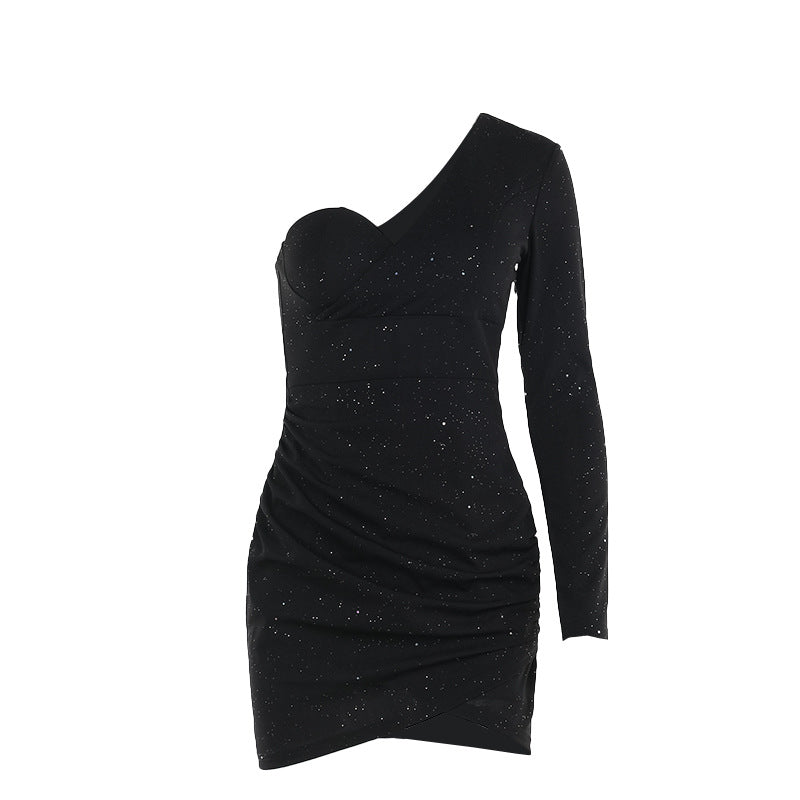 Damen Off-Shoulder Minikleid mit asymmetrischem Schnitt und glitzernden Akzenten R&B