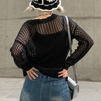 Damen luftiger Strickpullover mit feinem Netzmuster R&B