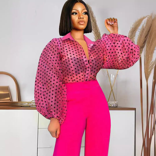 Damen Bluse mit voluminösen Puffärmeln und transparentem Design R&B